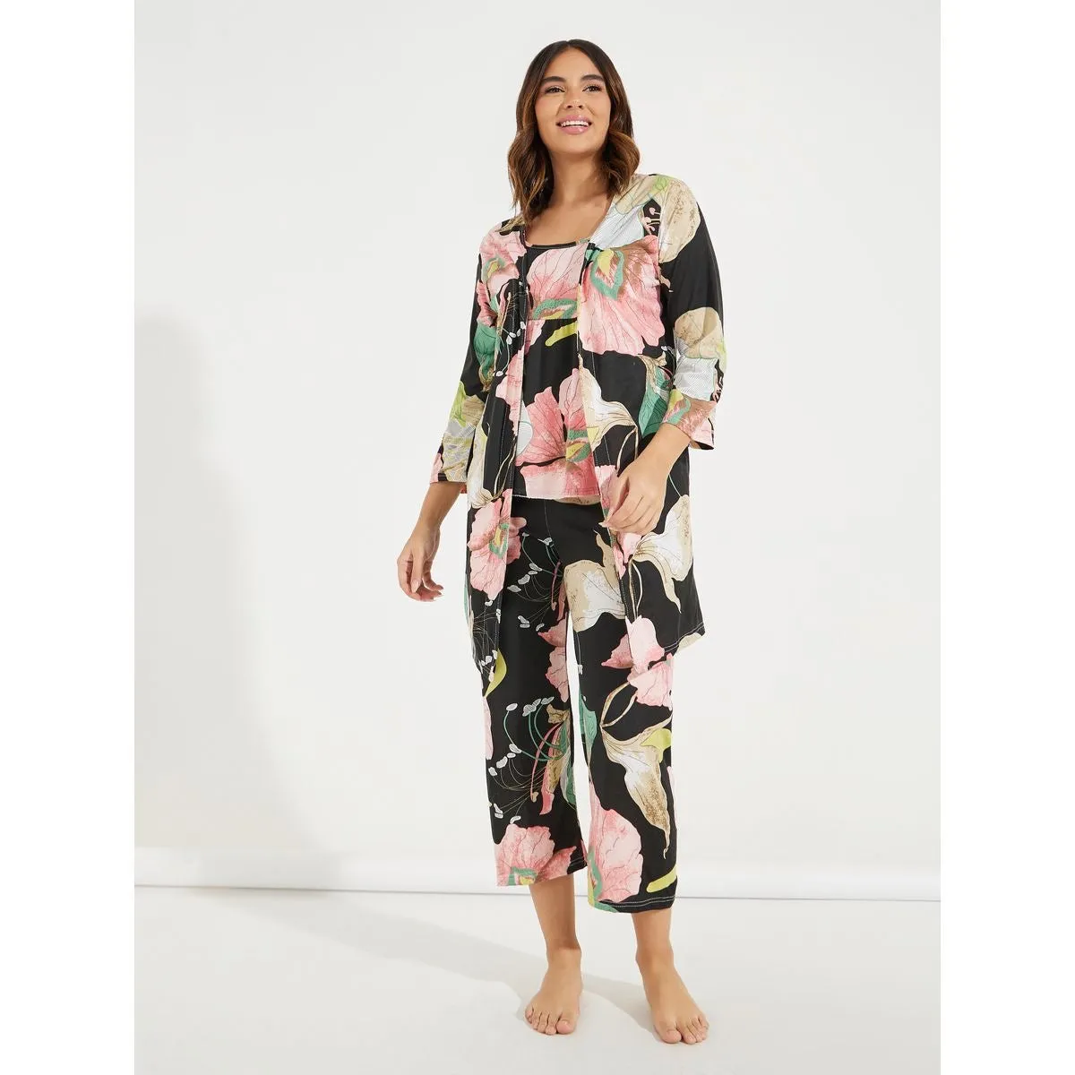 Women's 3 pcs Sleepwear Leaf Print Cami and Pants Pajama Set 559571