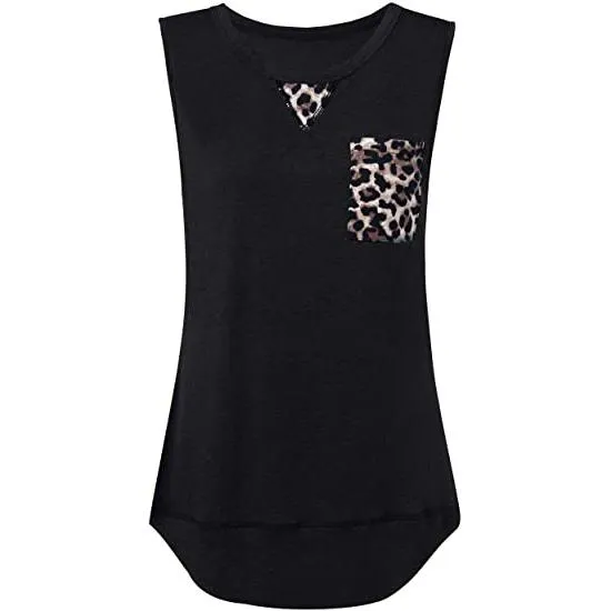 Women's Summer Tank Tops Leopard Pocket Sleeveless Blouse